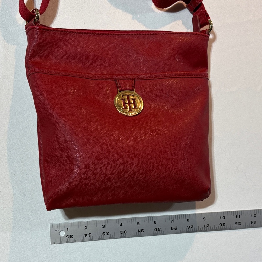 Tommy Hilfiger Red Leather Crossbody Bag Red Canvas Adj Strap - Picture 13 of 13